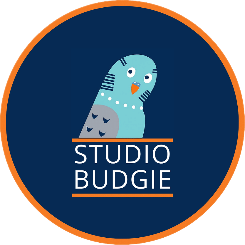 Budgie sitting inside a blue circle with orange border