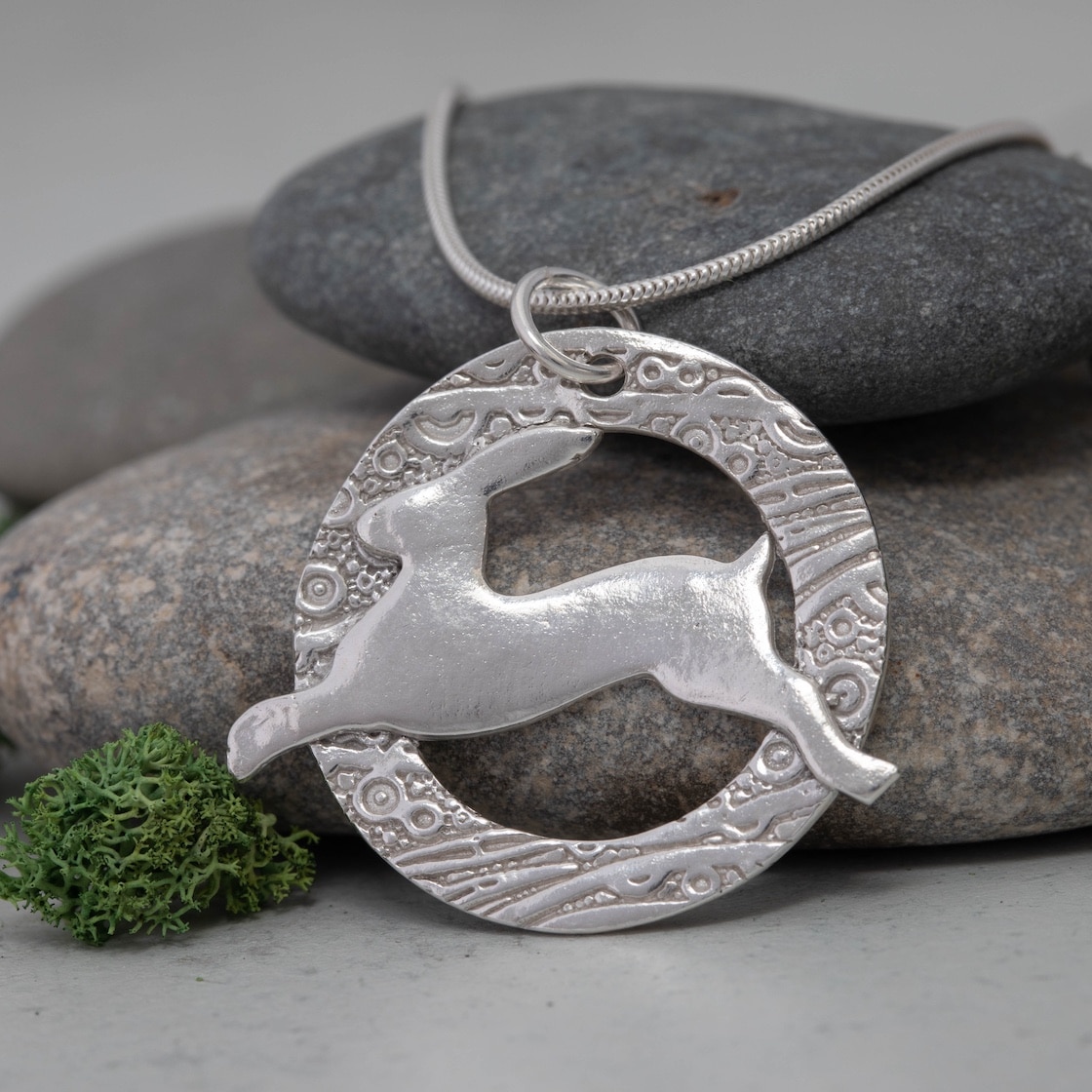 Silver art clay pendant with leaping hare