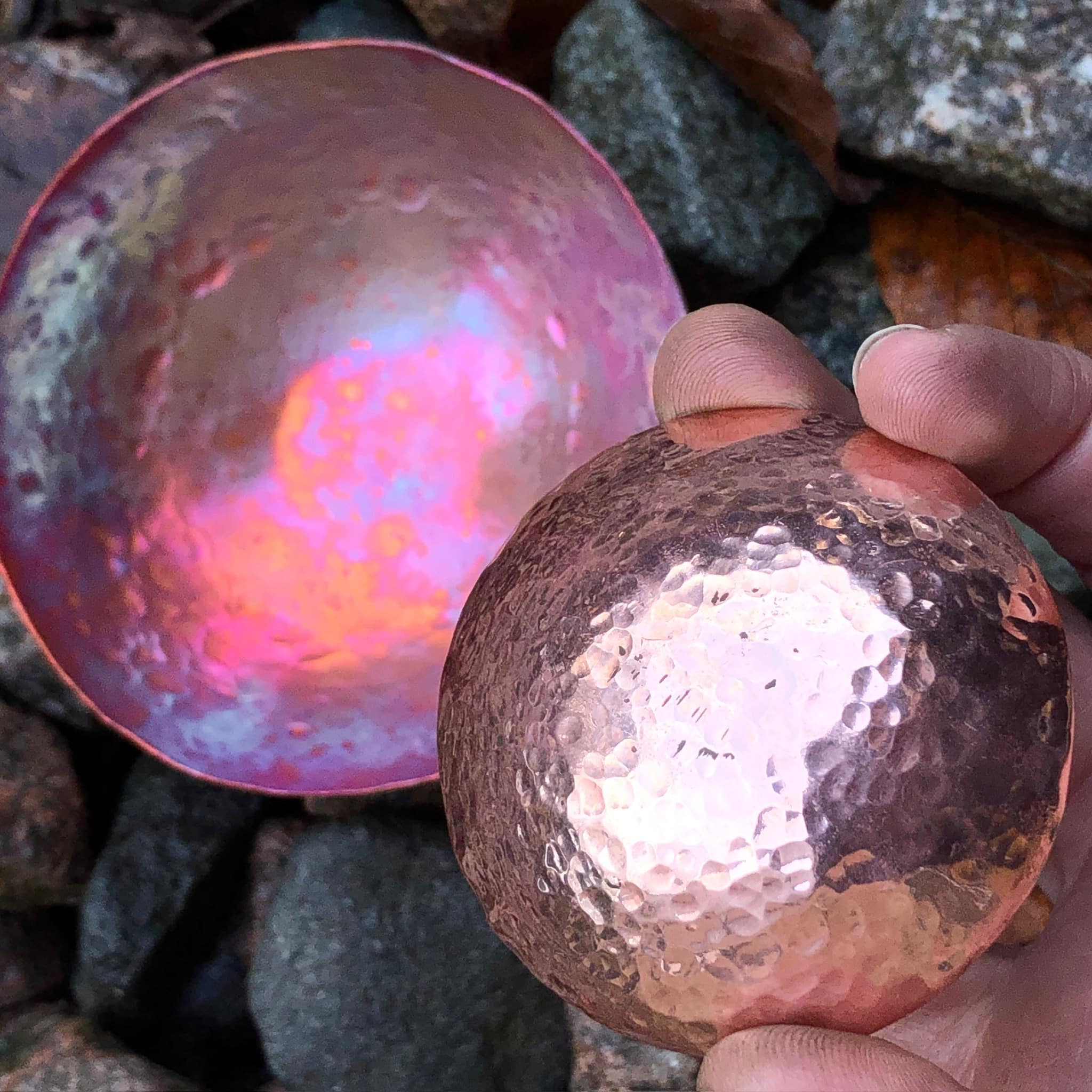 Copper bowls with hammered texture
