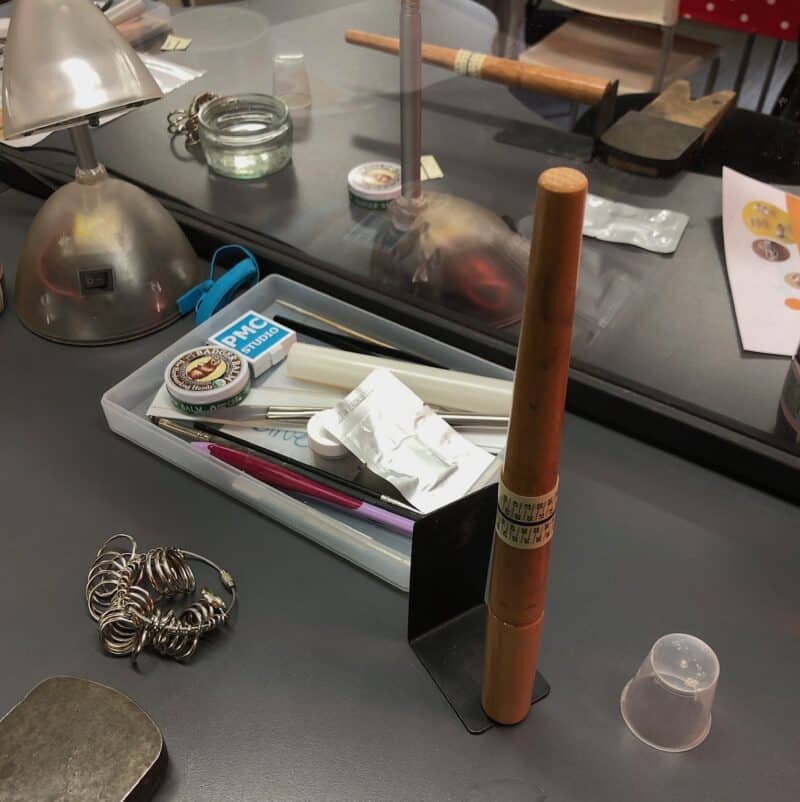 Tools for making silver clay ring on the jewellery bench