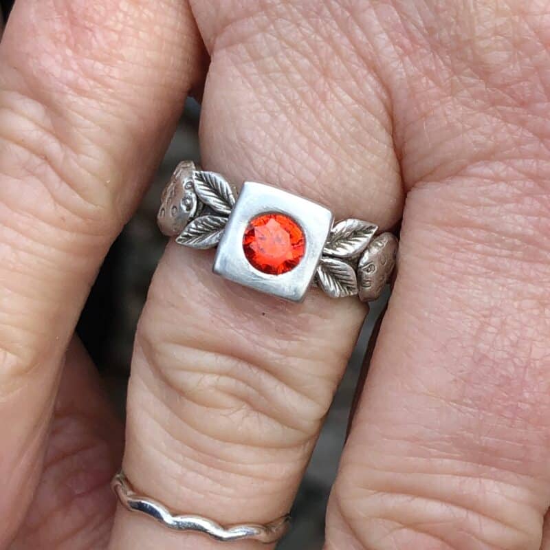 Silver clay ring with topper and orange stone