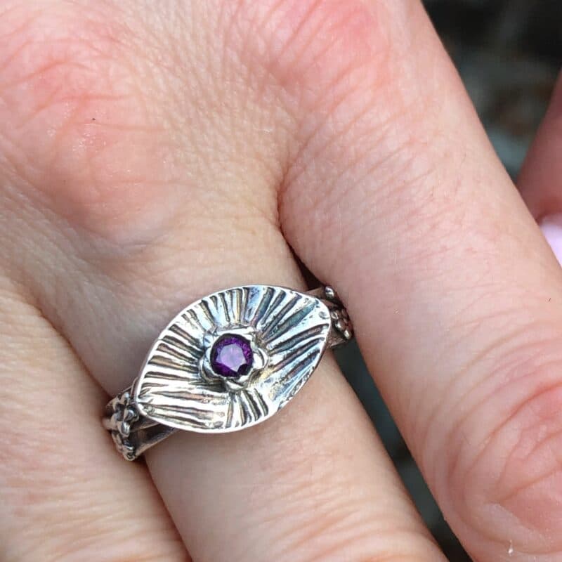 Silver clay ring with topper and purple cubic zirconia