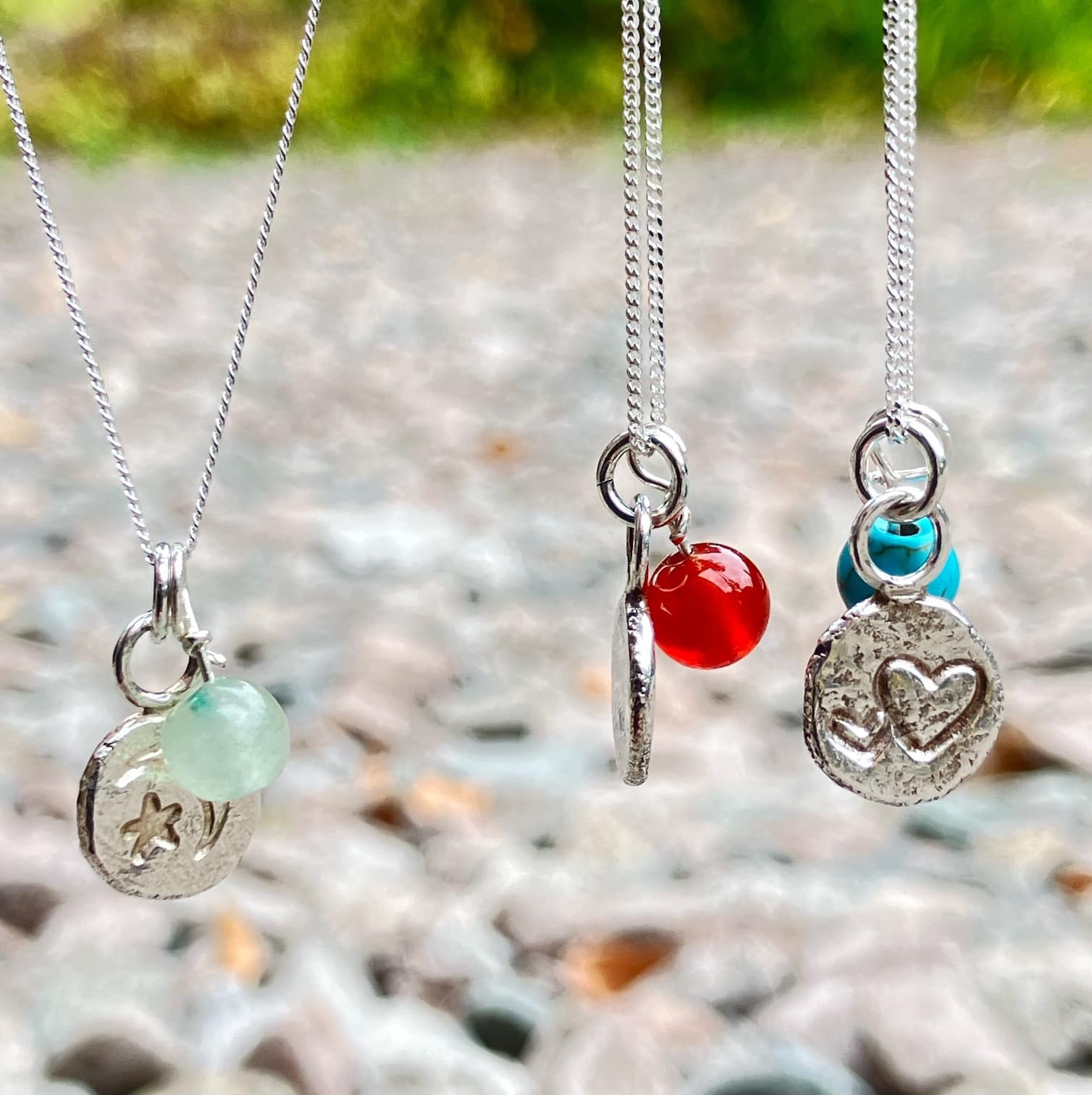 Recycled silver and gemstone bead pendants