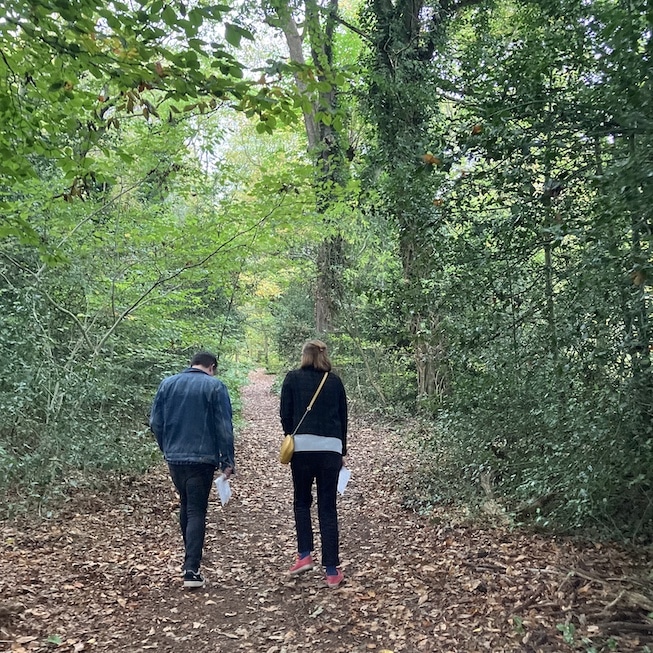 Two people walking in the woods