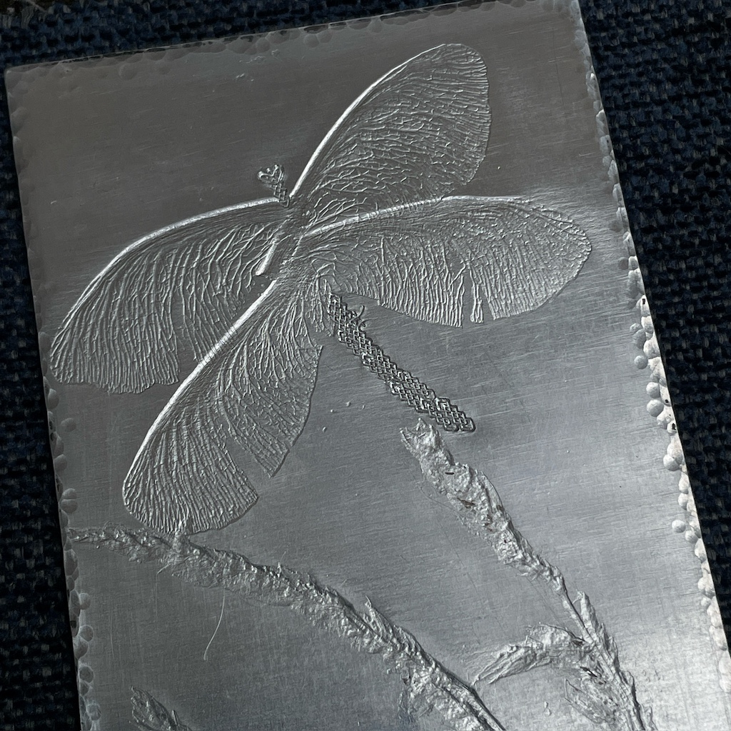 embossed dragonfly and foliage onto Aluminium