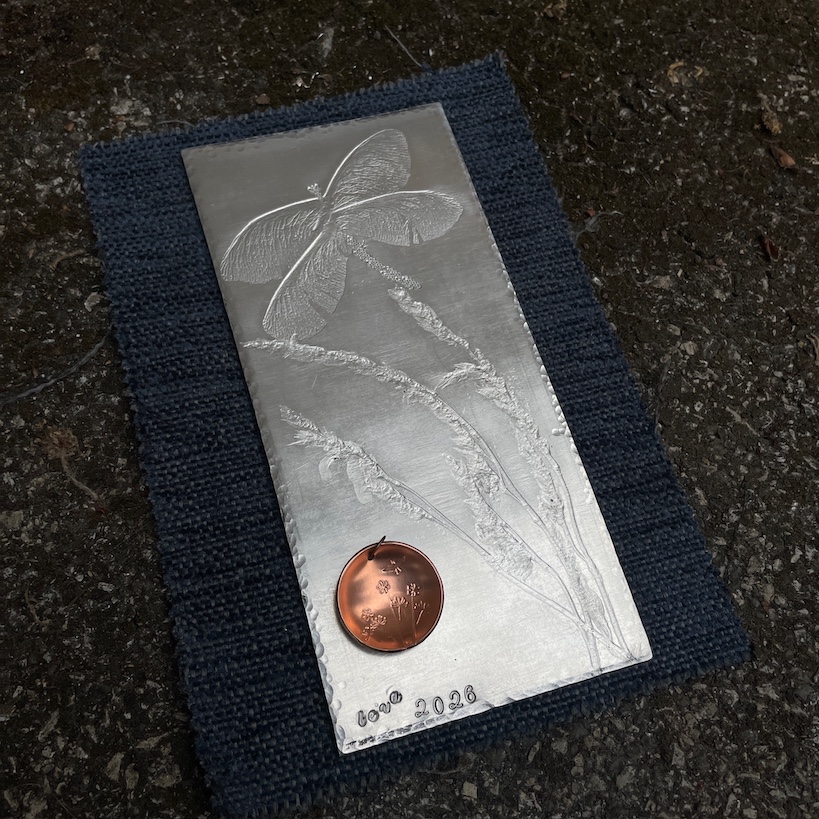 Aluminium embossed dragonfly and foliage