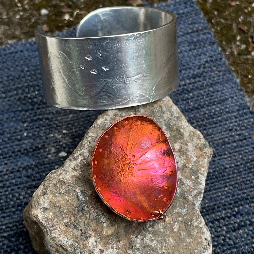 Aluminium bangle and colourful copper pendant
