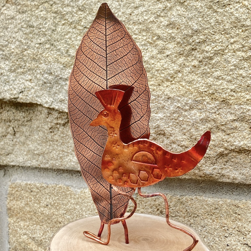 Mini mixed metal bird and leaf sculpture